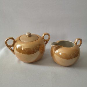 Vintage Peach Lusterware Cream & Sugar Bowl w/ Lid Made in Japan Hand-painted